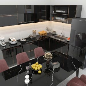 Tủ bếp nhôm  + cánh kính màu đen