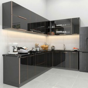 Tủ bếp nhôm tổ ông 3 lớp + cánh kính màu đen sang trọng