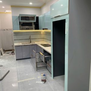 Tủ bếp inox 304 + cánh kính mẫu 05