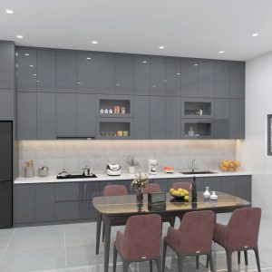 Tủ bếp nhựa đặc + cánh acrylic màu xám đậm